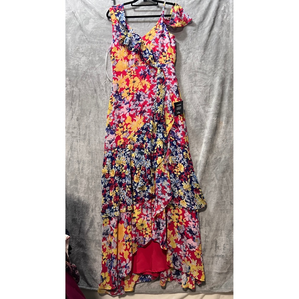 Lulus Maxi Dress Floral High-LowRuby Red Ruffle Cold Shoulder Medum - Picture 3 of 16